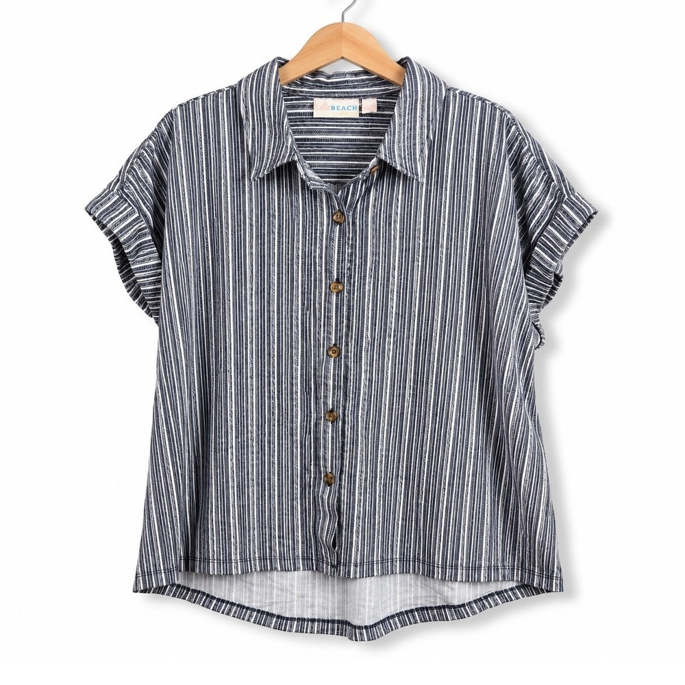Belle Kim Gravel Womens Large Twilight Cabana Knit Stripe Camp Shirt A691837